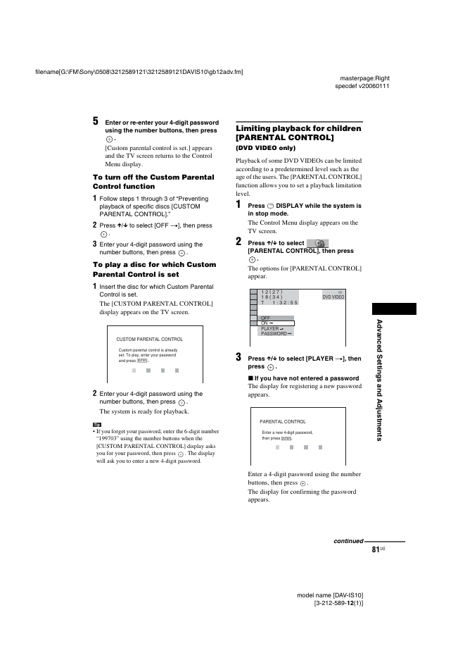 Limiting playback for children [parental control | Sony DAV-IS10 User Manual | Page 81 / 123