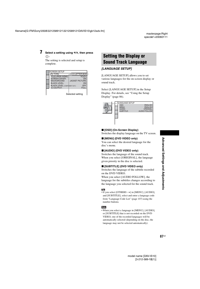 Setting the display or sound track language, Setting the display or sound track, Language [language setup | Sony DAV-IS10 User Manual | Page 87 / 123