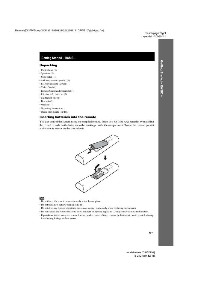 Getting started - basic, Getting started – basic | Sony DAV-IS10 User Manual | Page 9 / 123