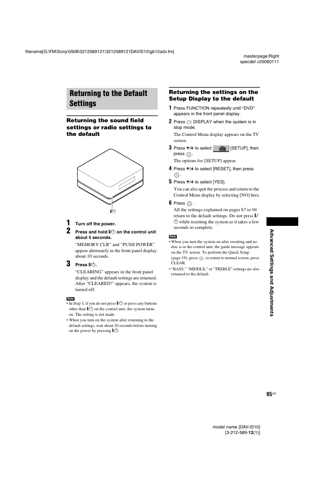 Returning to the default settings | Sony DAV-IS10 User Manual | Page 95 / 123