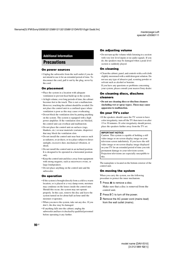 Additional information, Precautions | Sony DAV-IS10 User Manual | Page 96 / 123