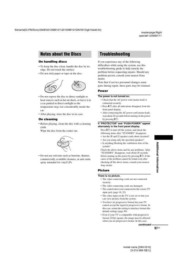 Notes about the discs, Troubleshooting, Notes about the discs troubleshooting | Sony DAV-IS10 User Manual | Page 97 / 123