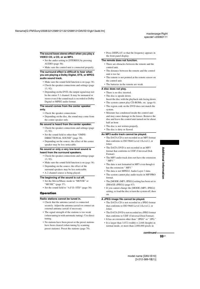 Sony DAV-IS10 User Manual | Page 99 / 123