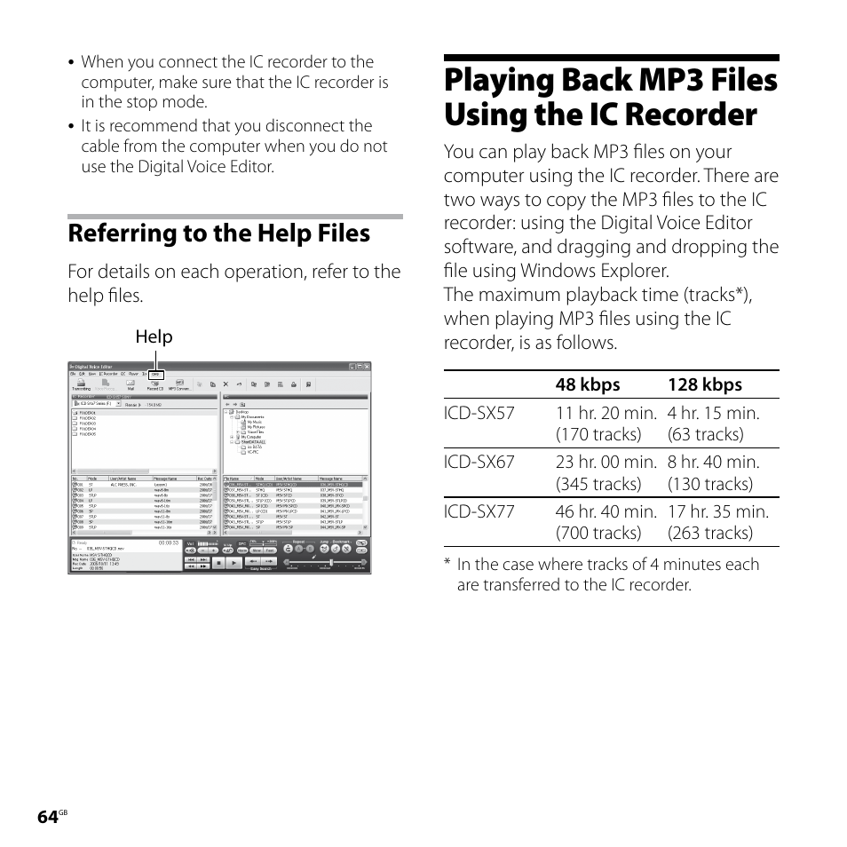 Referring to the help files, Playing back mp3 files using the ic recorder, Playing back mp3 files using the ic | Recorder | Sony ICD-SX77 User Manual | Page 64 / 92
