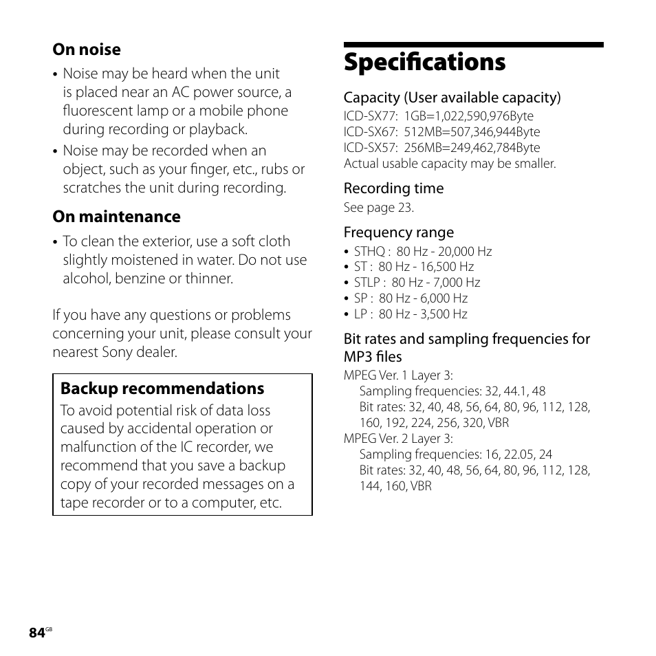 Specifications, On noise, On maintenance | Backup recommendations | Sony ICD-SX77 User Manual | Page 84 / 92