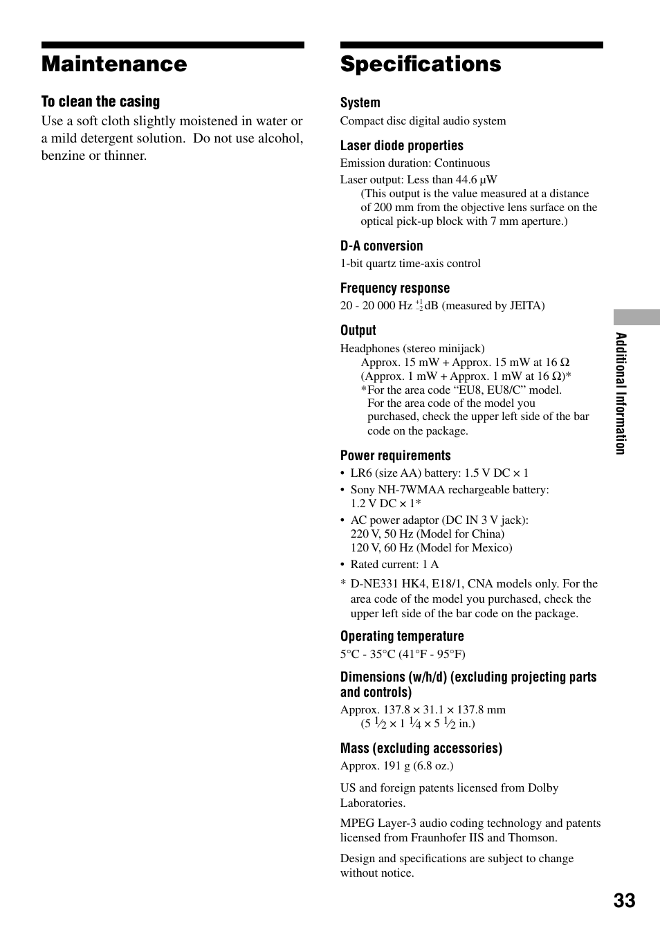 Maintenance, Specifications, Maintenance speciﬁcations | Speciﬁcations | Sony D-NE330LIV3 User Manual | Page 33 / 40