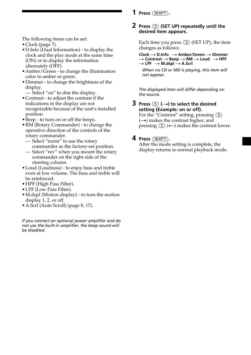 Changing the sound and display settings, 15 changing the sound and display settings | Sony CDX-C6850 User Manual | Page 15 / 28