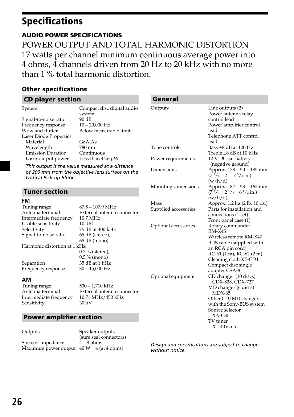 Specifications, 26 specifications, Audio power specifications | General | Sony CDX-C6850 User Manual | Page 26 / 28