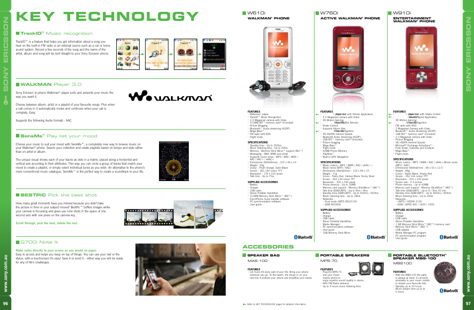 Key technology, Sony ericsson, Accessories | Trackid, Music recognition, Sensme, Play list your mood, Walkman player 3.0, Bestpic pick the best shot, W610i | Sony VAIO Walkman Phones User Manual | Page 3 / 4