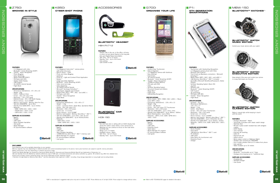 Sony ericsson, Mbw-150, K850i | Z750i, G700i, Accessories | Sony VAIO Walkman Phones User Manual | Page 4 / 4