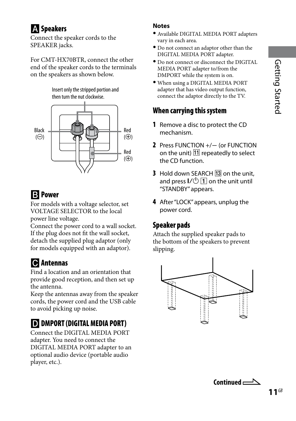 Getting s tar ted  speakers, Power, Antennas | Dmport (digital media port), When carrying this system, Speaker pads | Sony CMT-HX70BTR User Manual | Page 11 / 44