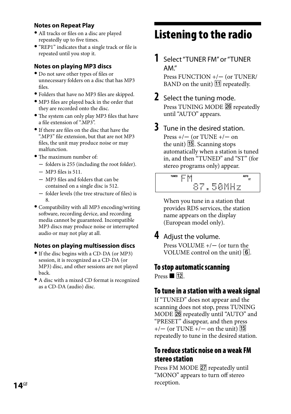 Listening to the radio | Sony CMT-HX70BTR User Manual | Page 14 / 44