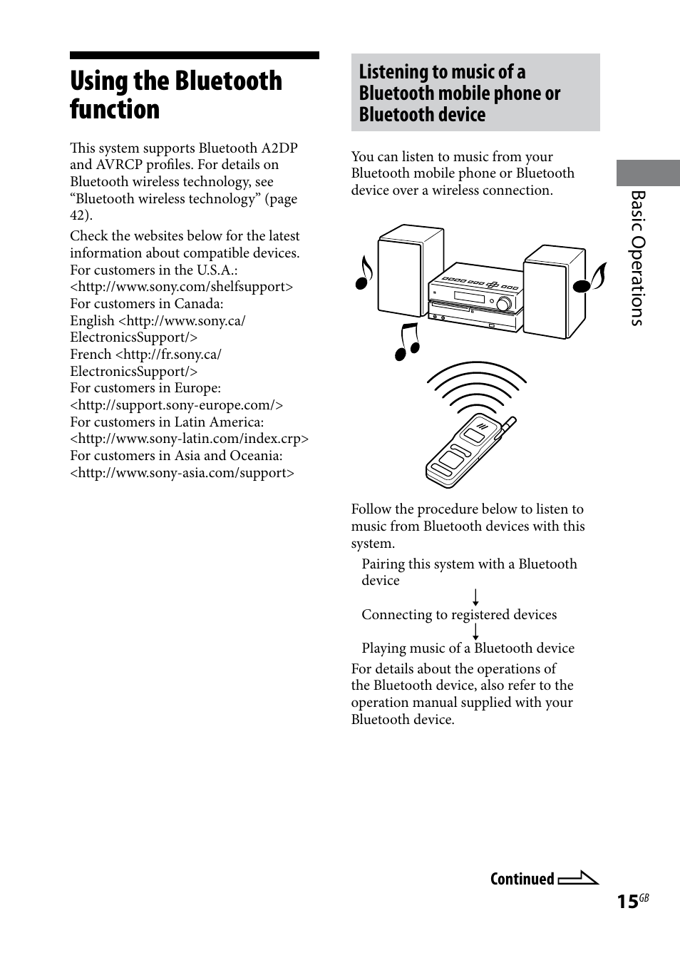 Using the bluetooth function, Basic oper ations | Sony CMT-HX70BTR User Manual | Page 15 / 44