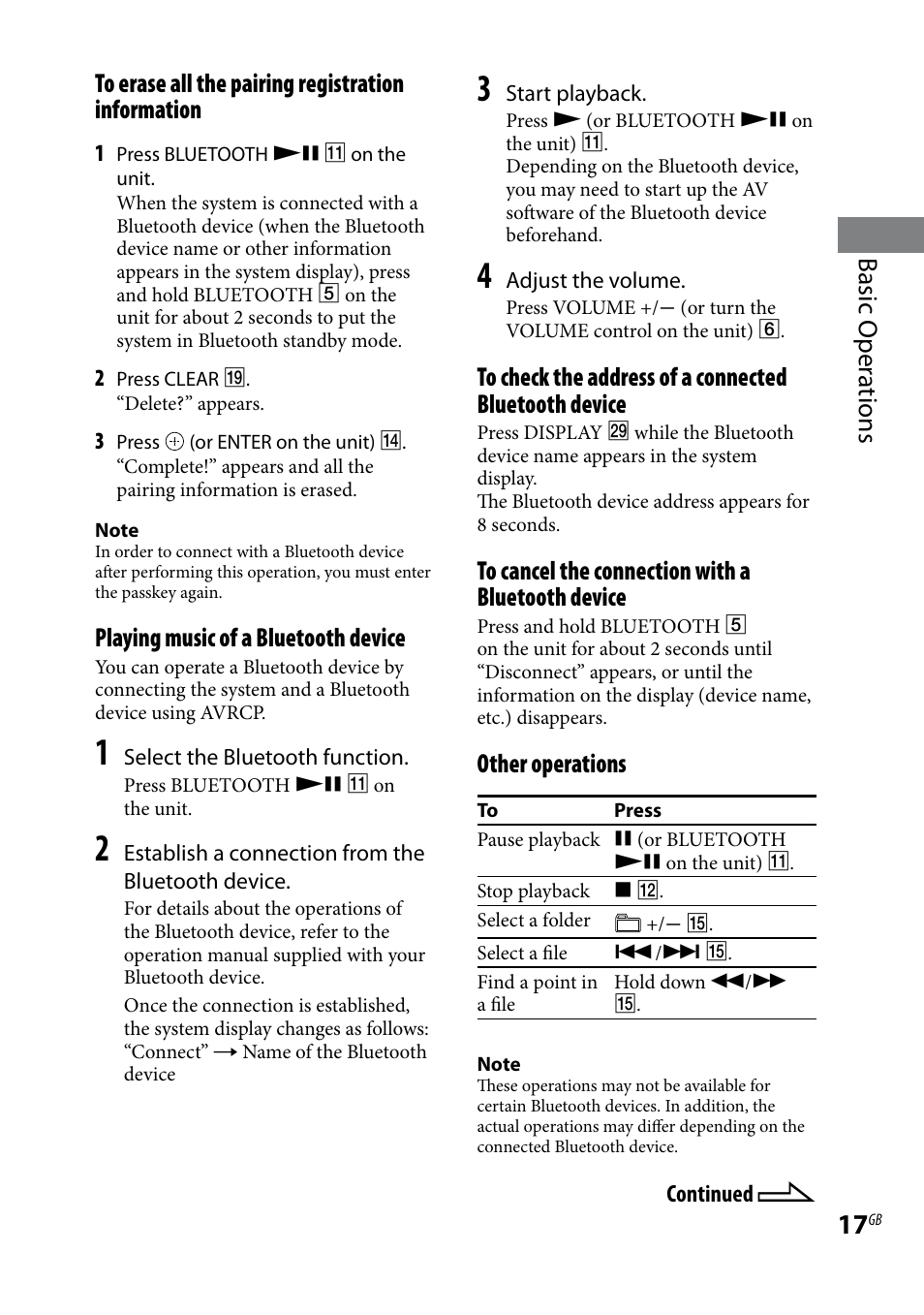 Playing music of a bluetooth device, Other operations | Sony CMT-HX70BTR User Manual | Page 17 / 44