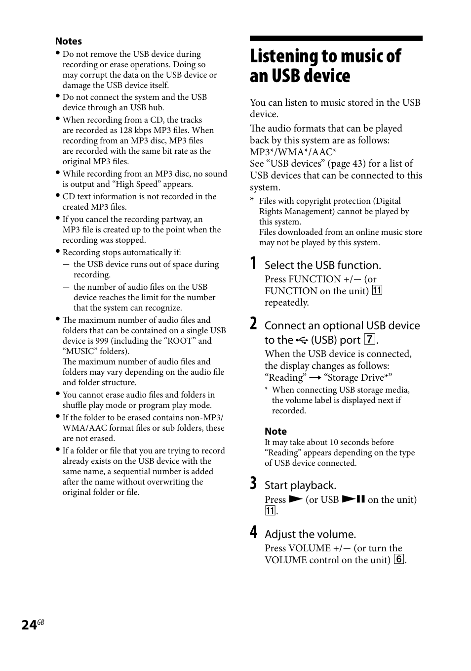 Listening to music of an usb device, Listening to music of an usb, Device | Sony CMT-HX70BTR User Manual | Page 24 / 44