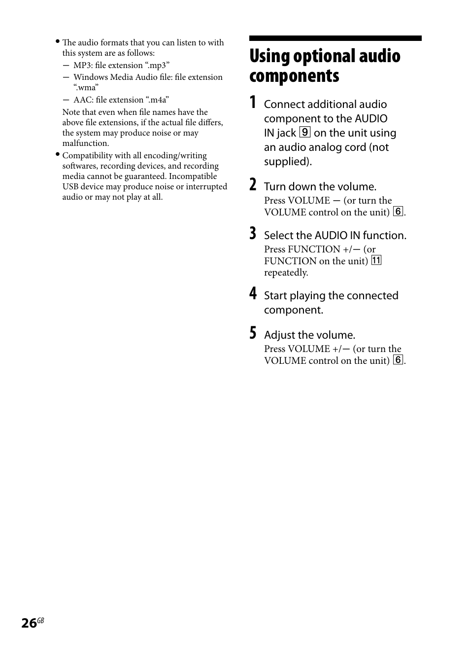 Using optional audio components, Using optional audio, Components | Sony CMT-HX70BTR User Manual | Page 26 / 44