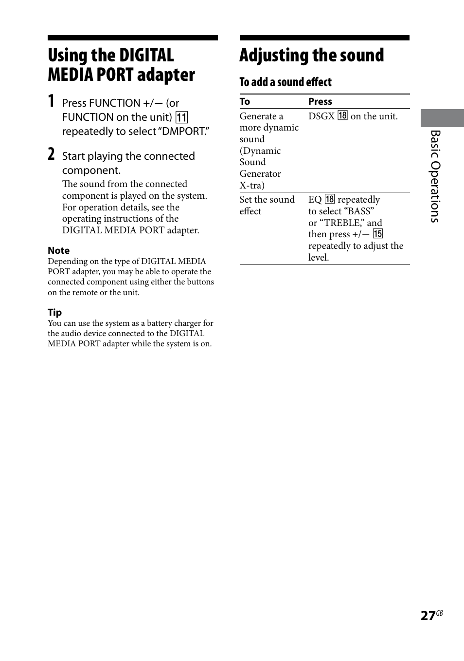 Using the digital media port adaptor, Adjusting the sound, Using the digital media port | Adapter adjusting the sound, Using the digital media port adapter, Basic oper ations | Sony CMT-HX70BTR User Manual | Page 27 / 44