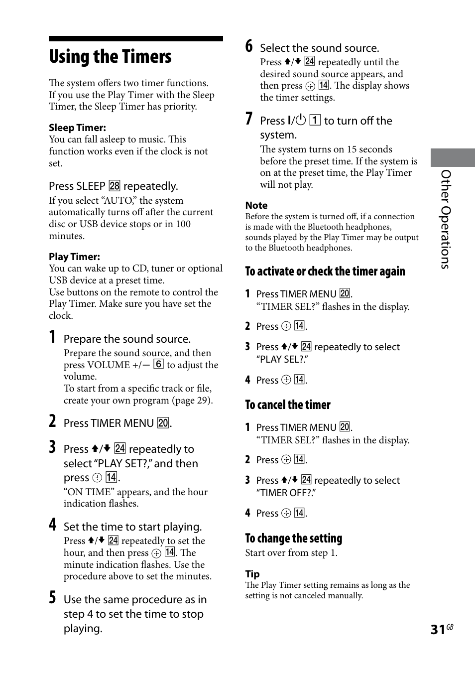 Using the timers, Other oper ations | Sony CMT-HX70BTR User Manual | Page 31 / 44