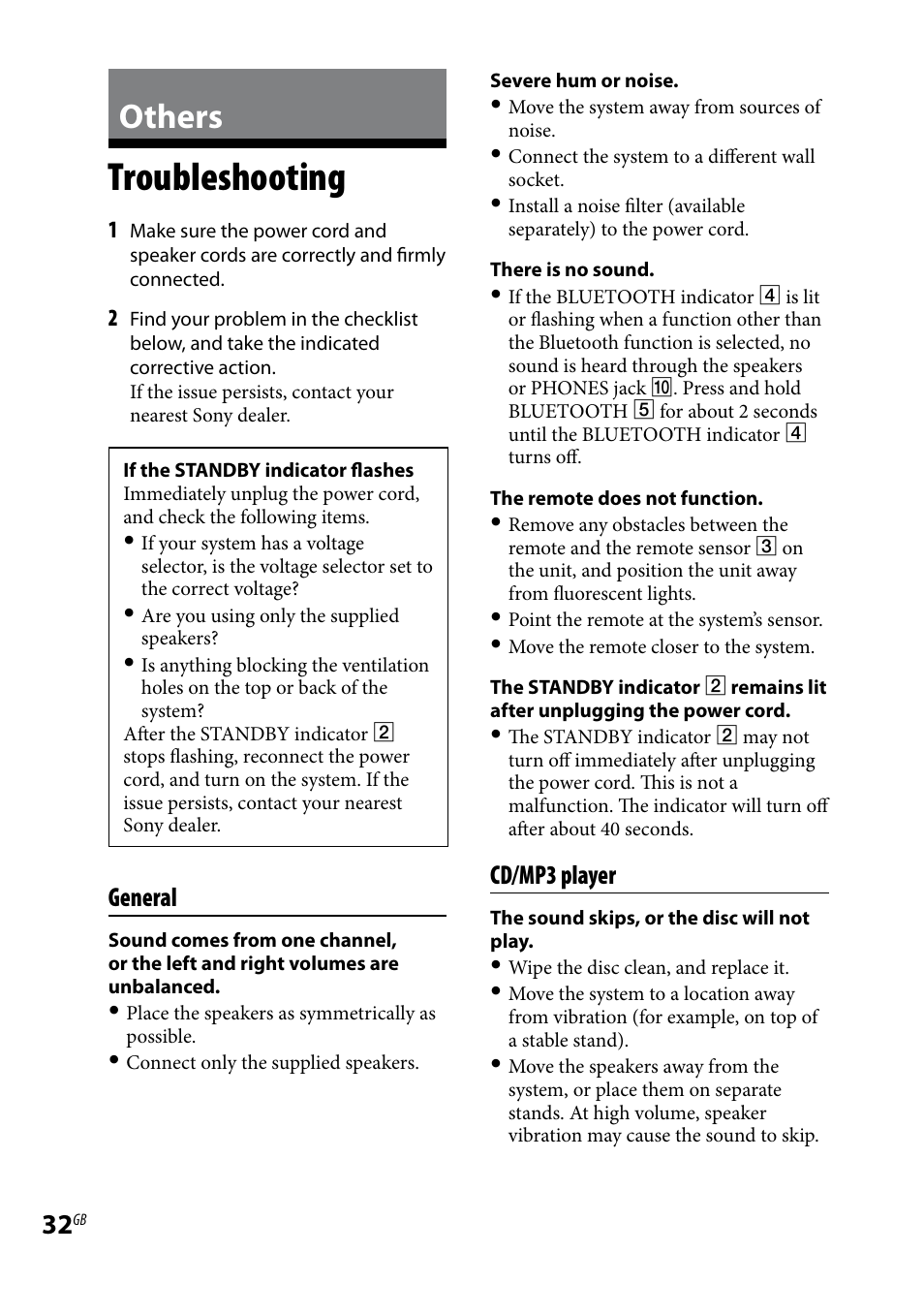 Others, Troubleshooting, General | Cd/mp3 player | Sony CMT-HX70BTR User Manual | Page 32 / 44