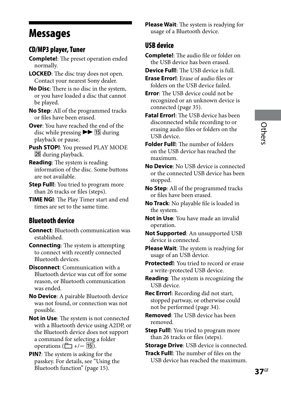 Messages, Others, Cd/mp3 player, tuner | Bluetooth device, Usb device | Sony CMT-HX70BTR User Manual | Page 37 / 44