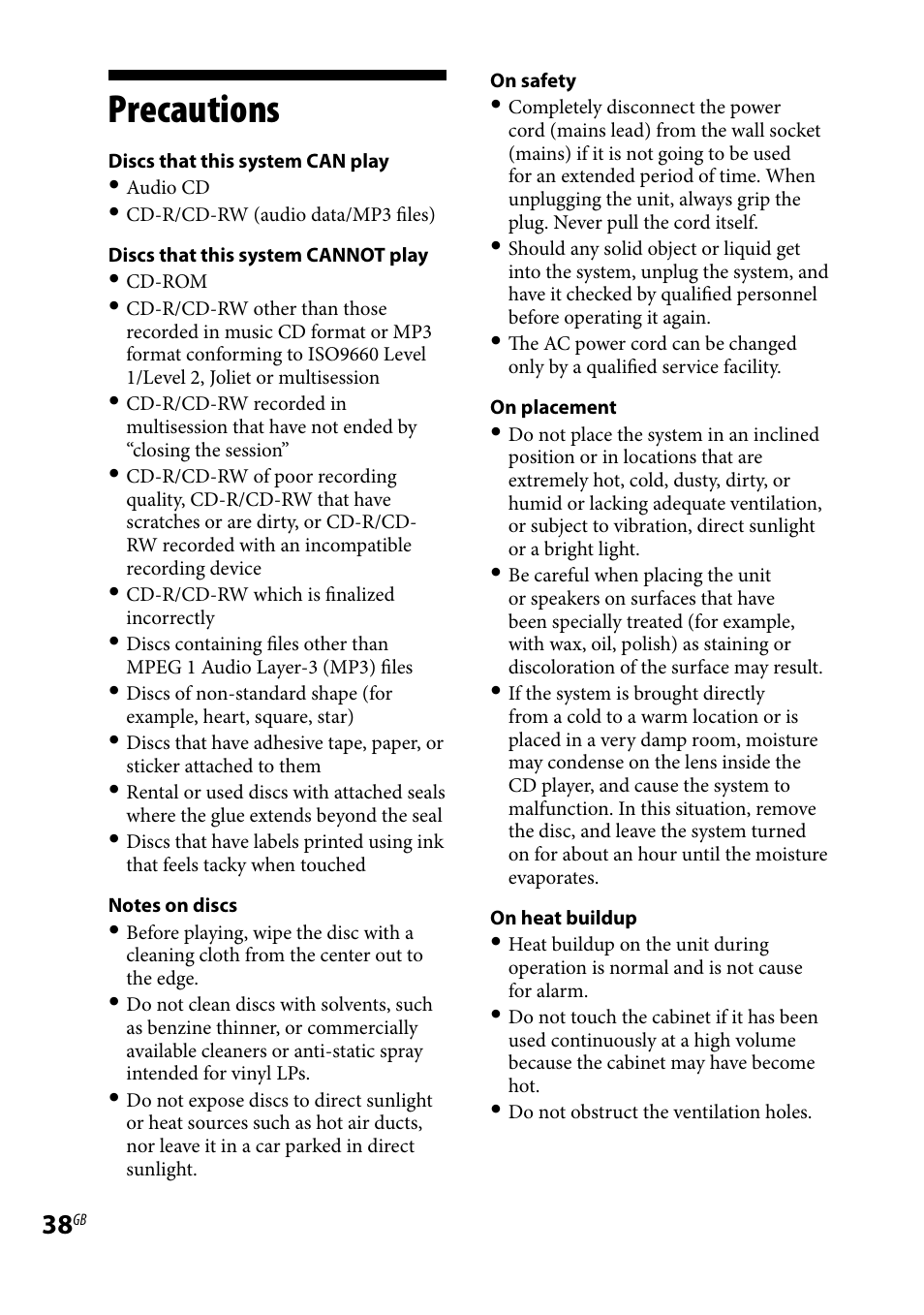 Precautions | Sony CMT-HX70BTR User Manual | Page 38 / 44