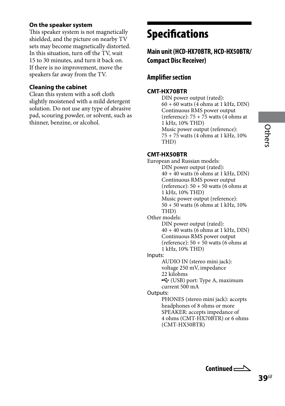 Specifications, Others | Sony CMT-HX70BTR User Manual | Page 39 / 44