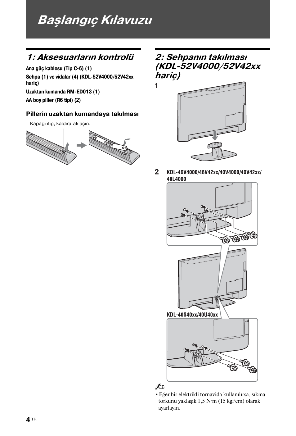 Başlangıç kılavuzu, Aksesuarların kontrolü | Sony BRAVIA 3-298-969-61(1) User Manual | Page 42 / 84