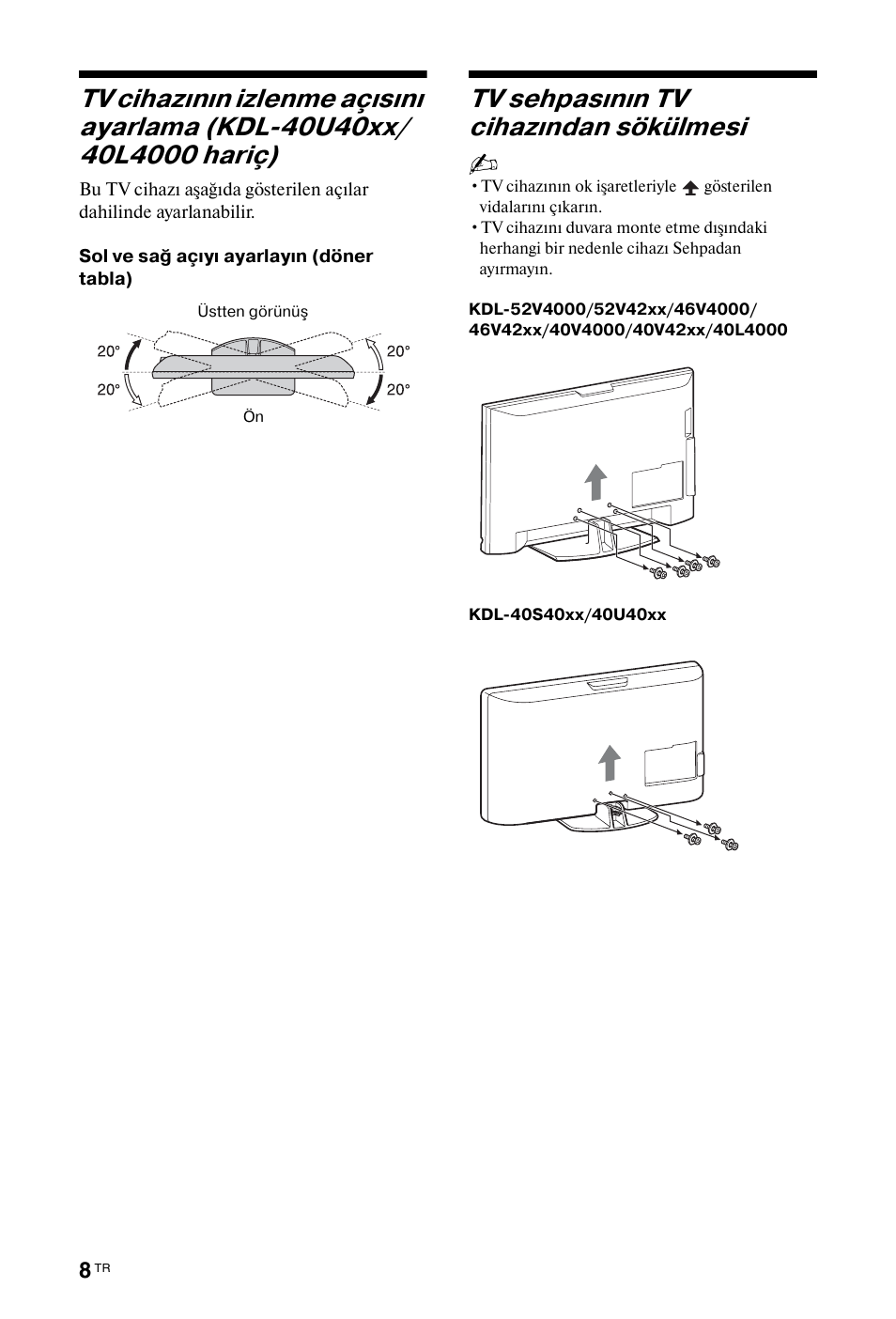 Tv sehpasının tv cihazından sökülmesi | Sony BRAVIA 3-298-969-61(1) User Manual | Page 46 / 84