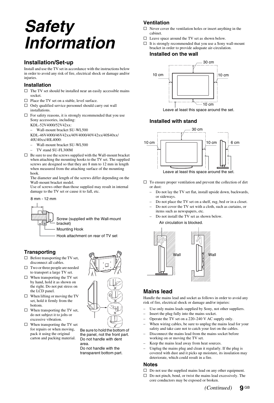 Safety information, Installation/set-up, Mains lead | Continued) | Sony BRAVIA 3-298-969-61(1) User Manual | Page 9 / 84