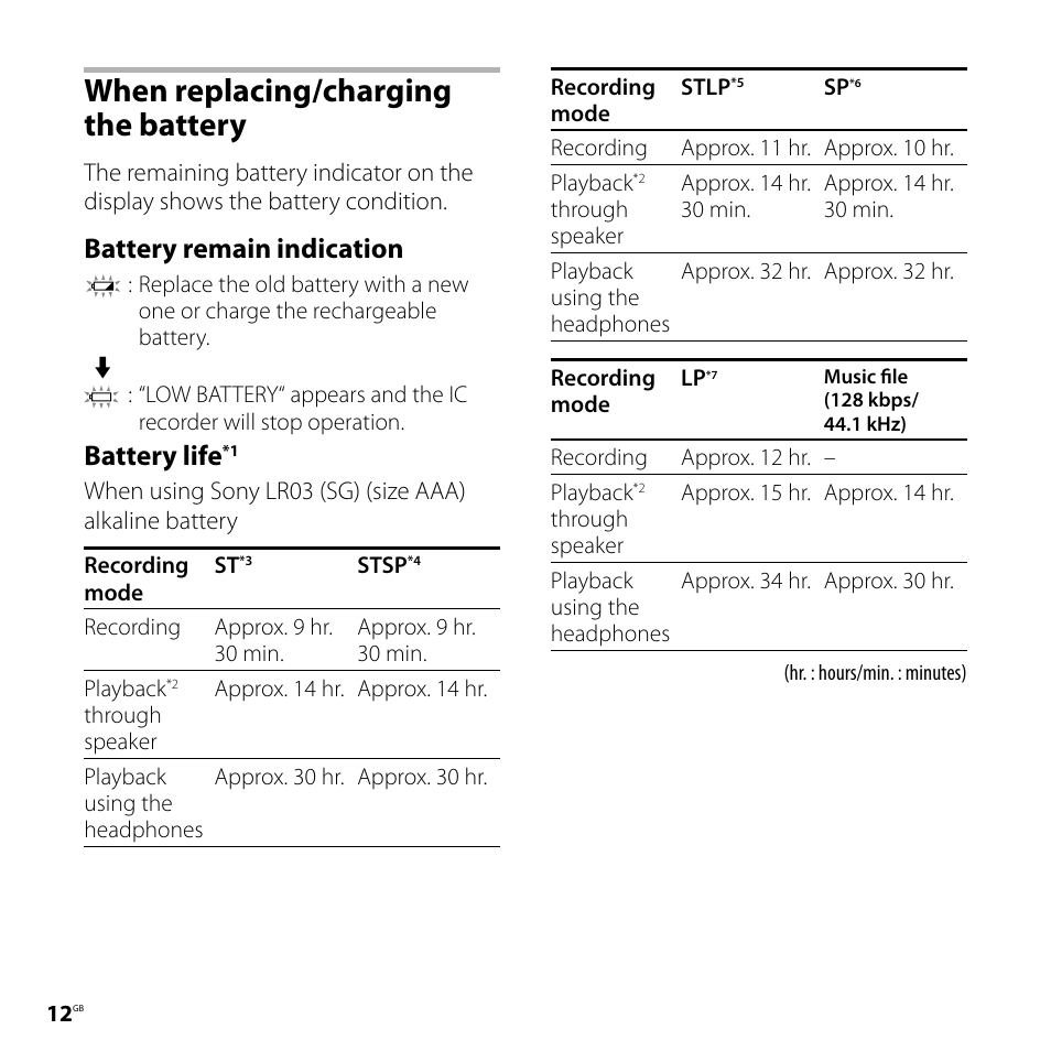 When replacing/charging the battery, When replacing/charging the, Battery | Battery remain indication, Battery life | Sony ICD-UX70 User Manual | Page 12 / 64