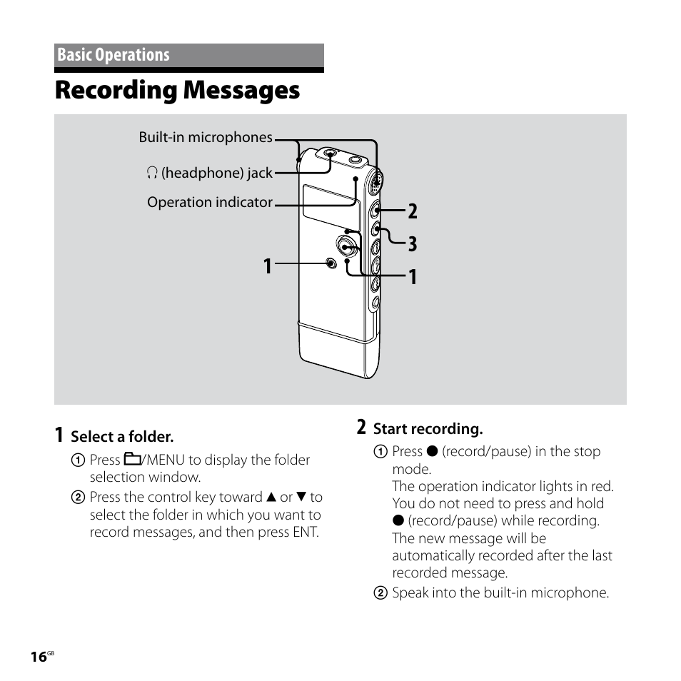 Basic operations, Recording messages | Sony ICD-UX70 User Manual | Page 16 / 64