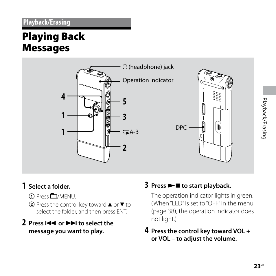 Playback/erasing, Playing back messages | Sony ICD-UX70 User Manual | Page 23 / 64