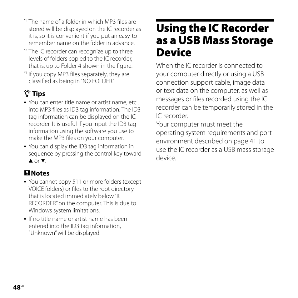 Using the ic recorder as a usb mass storage device, Using the ic recorder as a usb mass, Storage device | Sony ICD-UX70 User Manual | Page 48 / 64