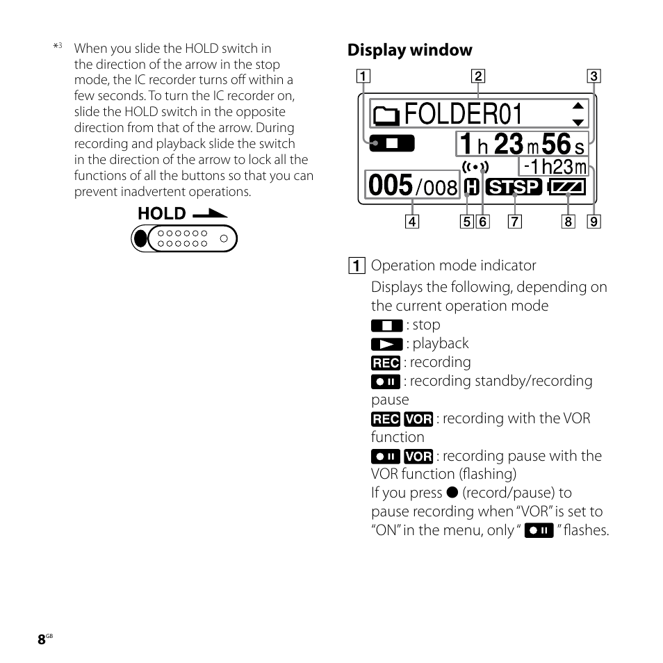 Display window | Sony ICD-UX70 User Manual | Page 8 / 64