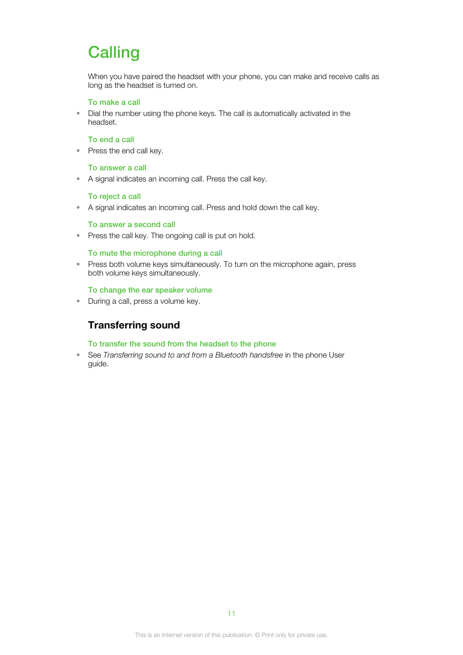 Calling, Transferring sound | Sony VH110 User Manual | Page 11 / 18