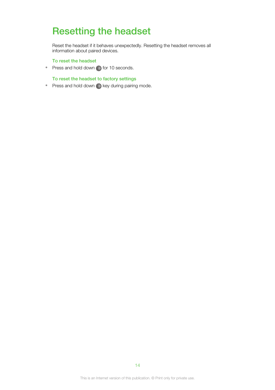 Resetting the headset | Sony VH110 User Manual | Page 14 / 18