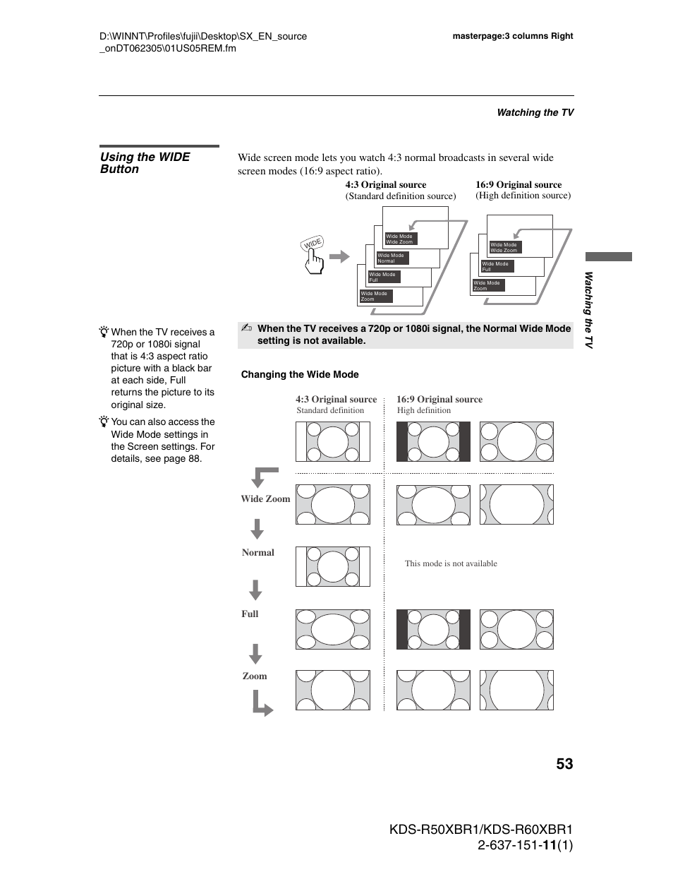 Using the wide button | Sony KDS-R60XBR1 User Manual | Page 53 / 120