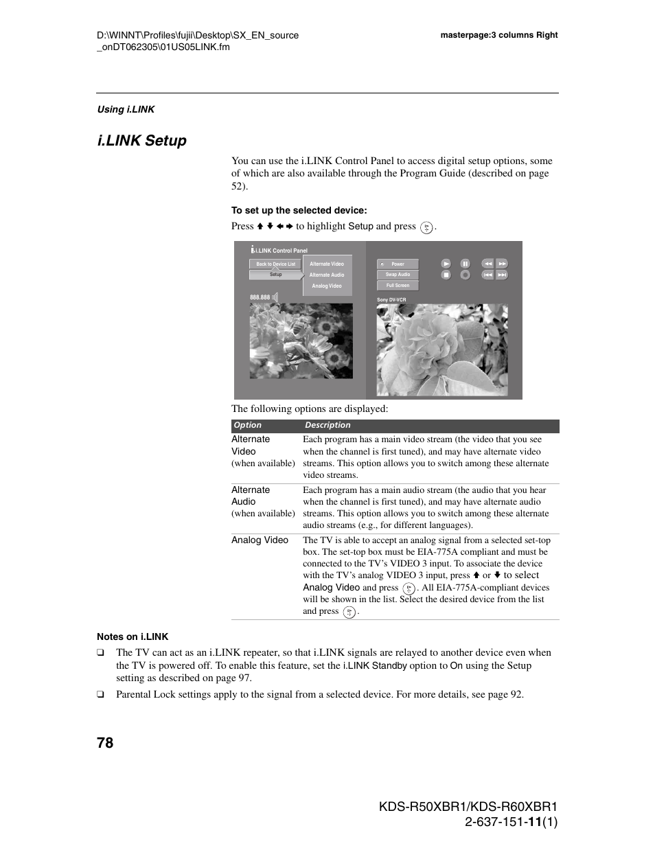 I.link setup | Sony KDS-R60XBR1 User Manual | Page 78 / 120