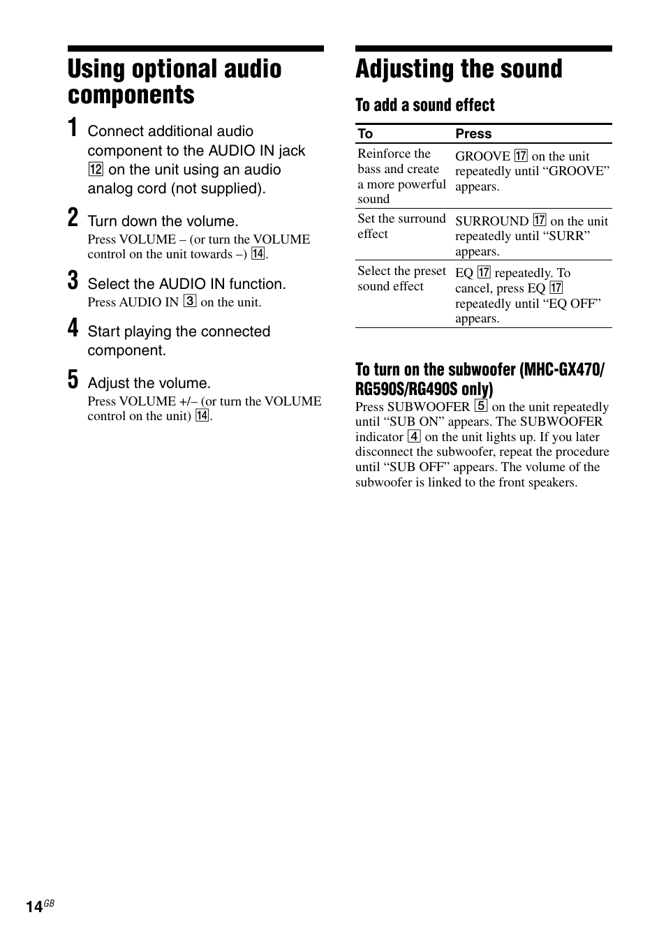 Using optional audio components, Adjusting the sound, Using optional audio components 1 | Sony RG590S User Manual | Page 14 / 32