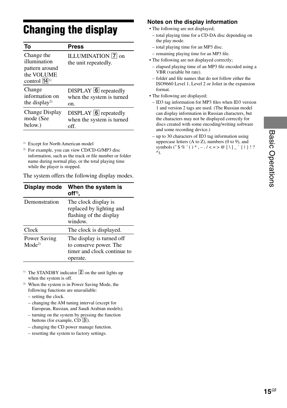 Changing the display, Basic oper ations | Sony RG590S User Manual | Page 15 / 32