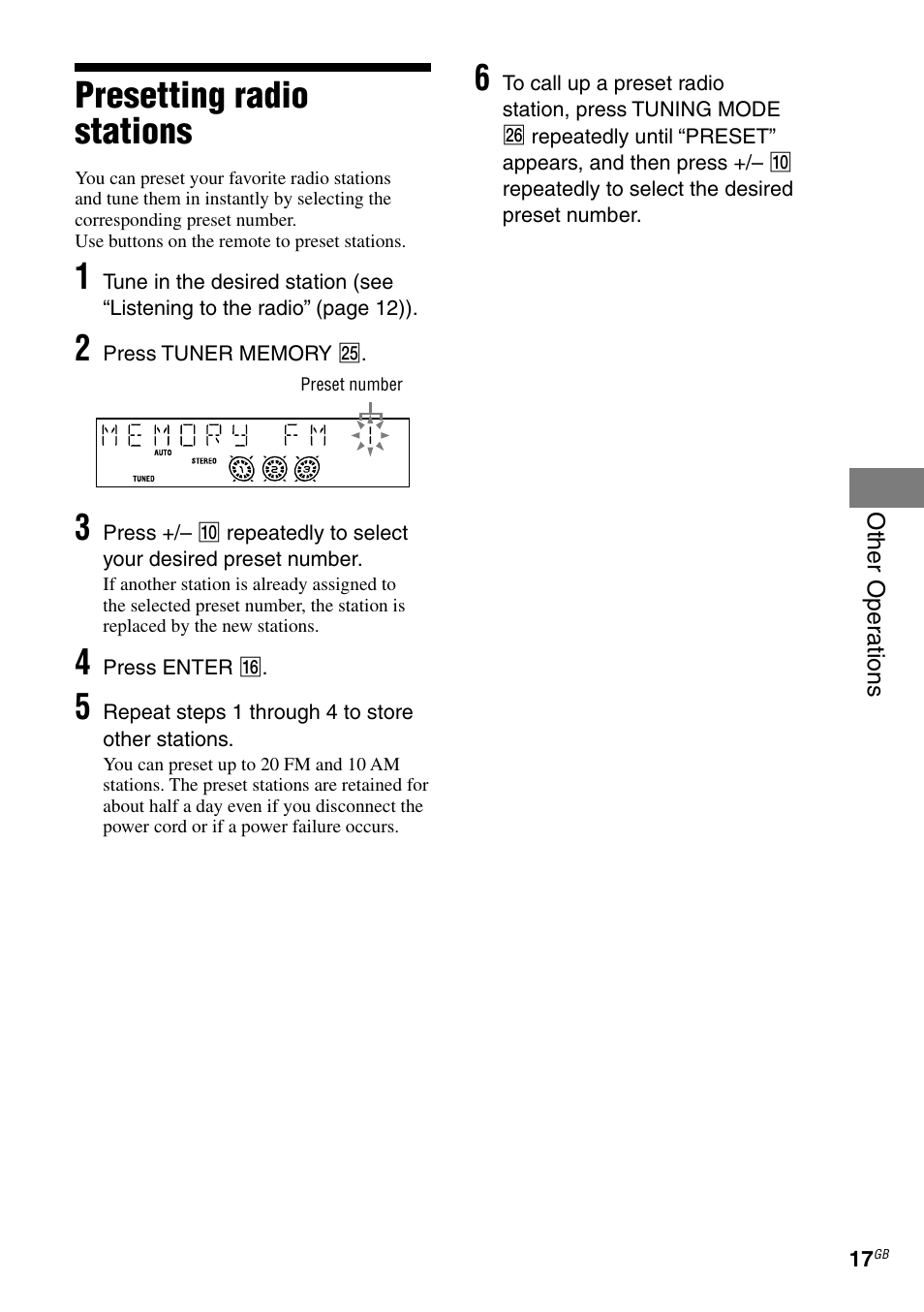 Presetting radio stations | Sony RG590S User Manual | Page 17 / 32