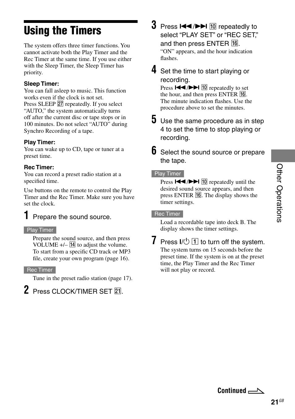 Using the timers | Sony RG590S User Manual | Page 21 / 32