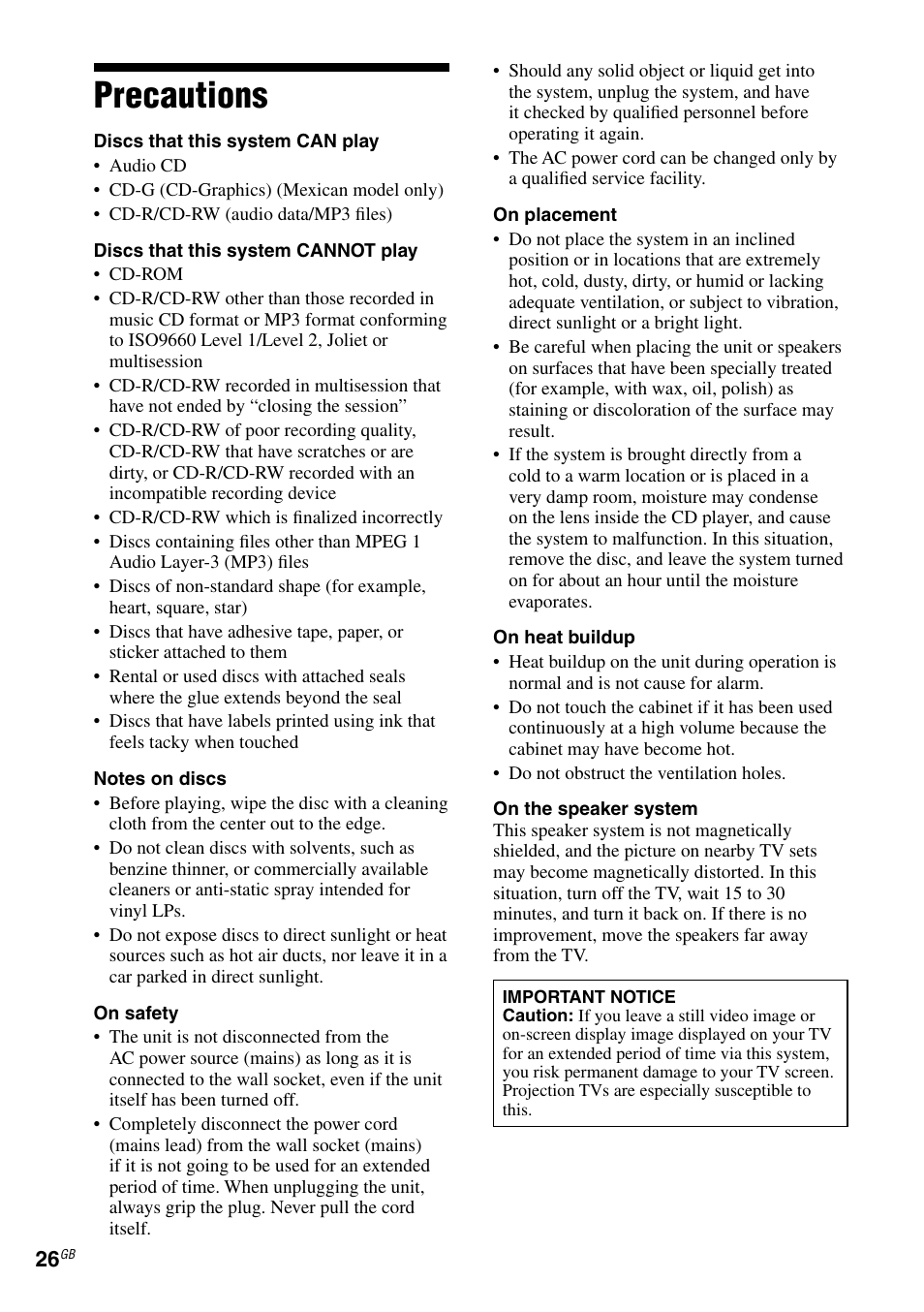 Precautions | Sony RG590S User Manual | Page 26 / 32