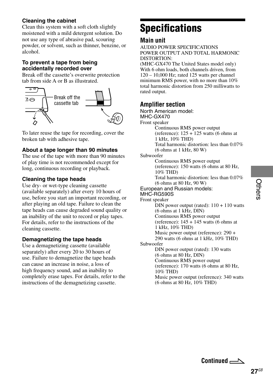 Specifications, Speciﬁcations, Others | Sony RG590S User Manual | Page 27 / 32