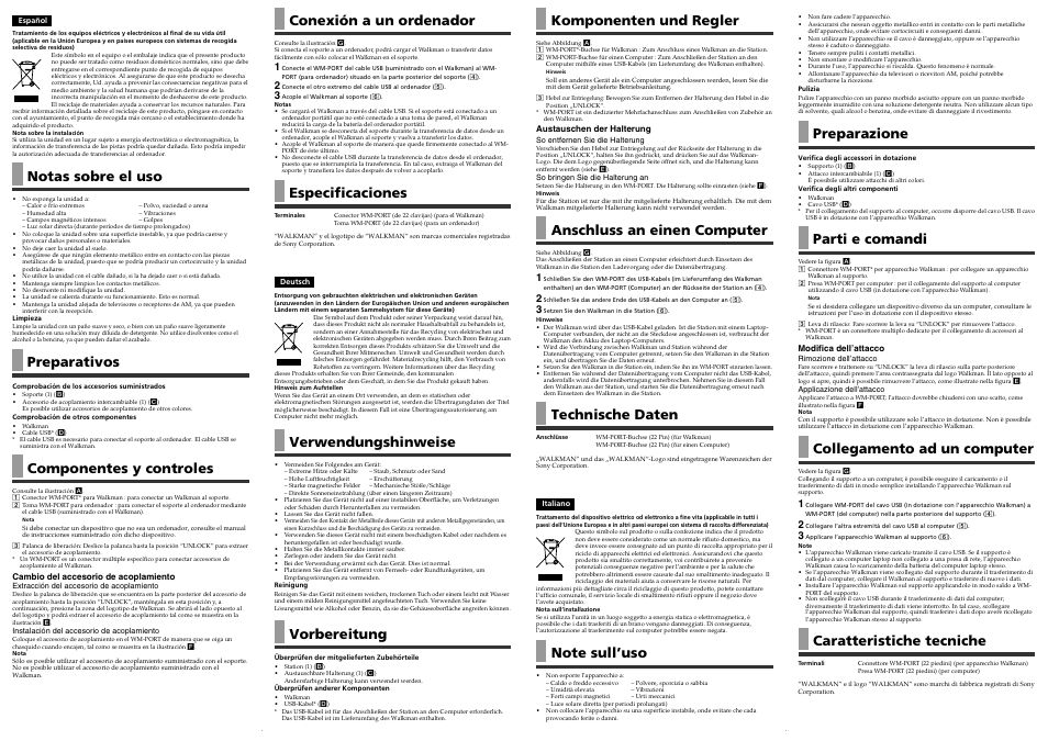 Notas sobre el uso, Preparativos, Componentes y controles | Conexión a un ordenador, Especificaciones, Verwendungshinweise, Vorbereitung, Komponenten und regler, Anschluss an einen computer, Technische daten | Sony Walkman BCR-NWA800 User Manual | Page 2 / 2