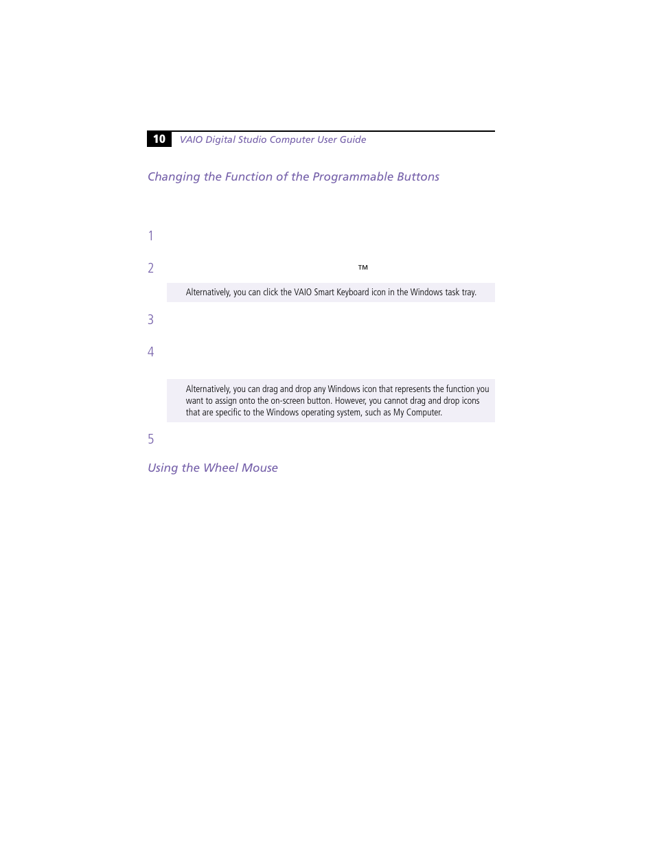 Changing the function of the programmable buttons, Using the wheel mouse | Sony PCV-R528DS User Manual | Page 14 / 40
