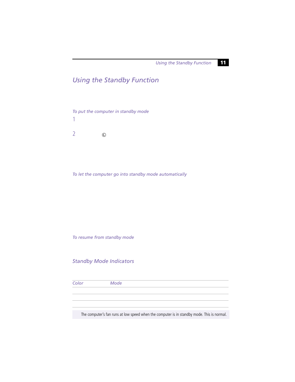 Using the standby function, Standby mode indicators | Sony PCV-R528DS User Manual | Page 15 / 40