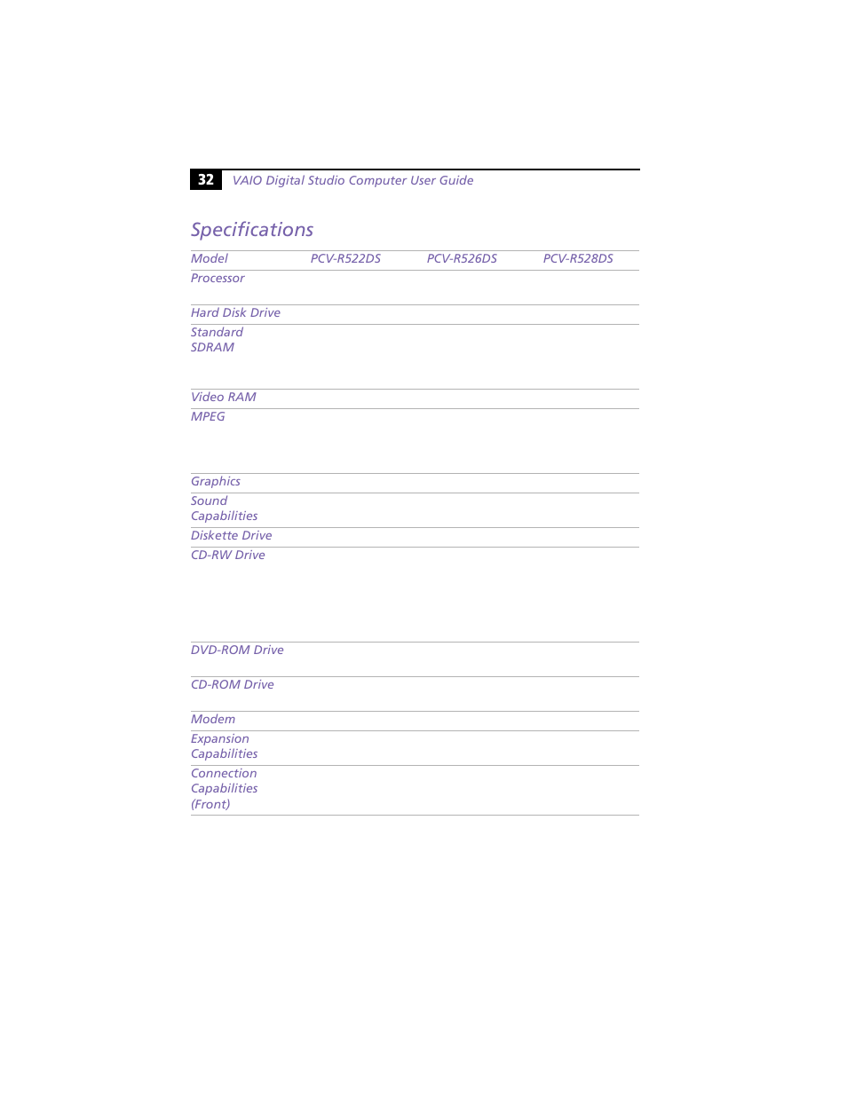 Specifications | Sony PCV-R528DS User Manual | Page 36 / 40