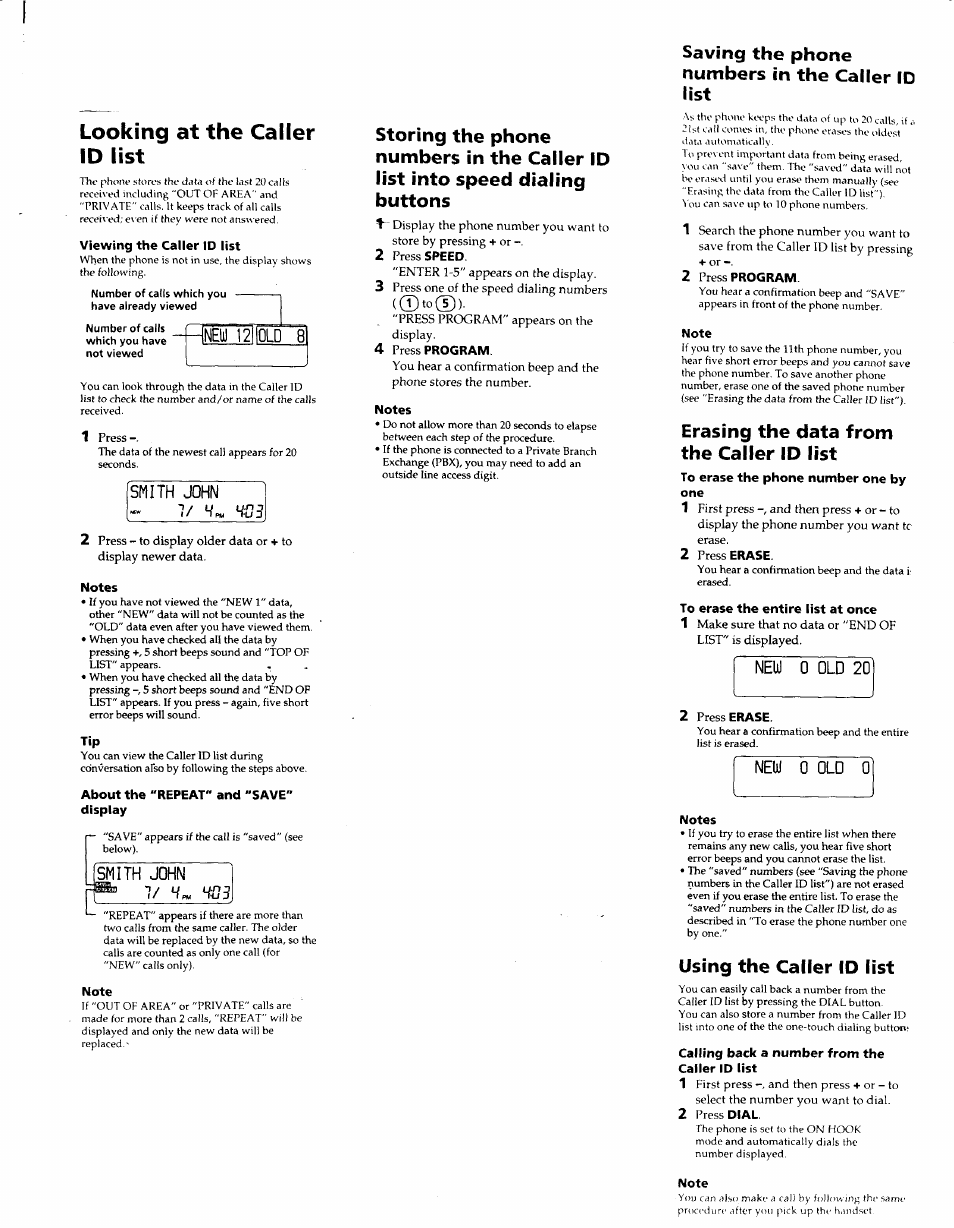 Looking at the caller id list, Saving the phone numbers in the caller id list, Erasing the data from the caller id list | Using the caller id list, Nel)j""]2lióld 1, Smith john 7, Smith john 7/ h, Neüj 0 old 20, New 0 old 0 | Sony SCT-ID10 User Manual | Page 10 / 11