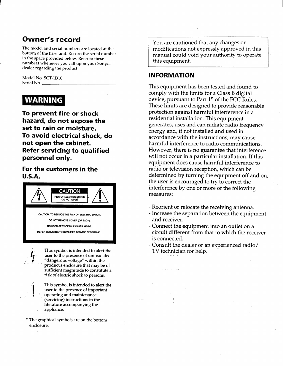 Owner's record, Warning, Information | Sony SCT-ID10 User Manual | Page 2 / 11